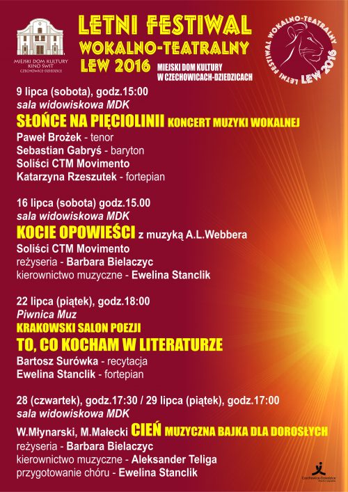 Plakat wydarzenia „Letni Festiwal Wokalno-Teatralny LEW 2016”.