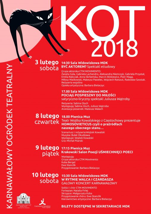Plakat wydarzenia „Karnawałowy Ogródek Teatralny KOT 2018”.