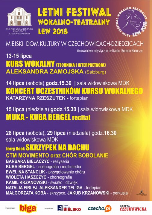 Plakat wydarzenia „Letni Festiwal Wokalno-Teatralny LEW 2018”.