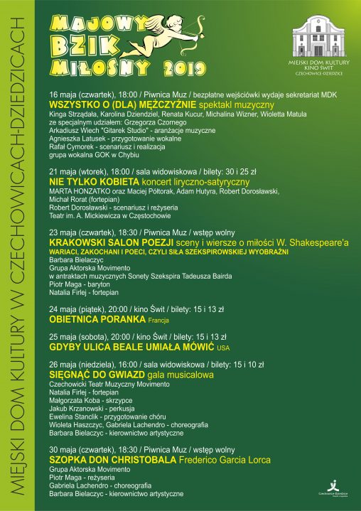 Plakat wydarzenia „Majowy Bzik Miłosny 2019”.