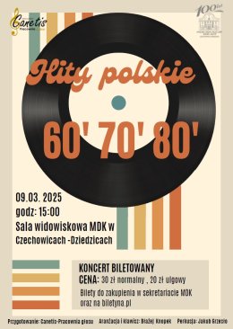 Plakat wydarzenia „Hity polskie 60' 70' 80'. Pracownia Głosu Canetis - koncert”.