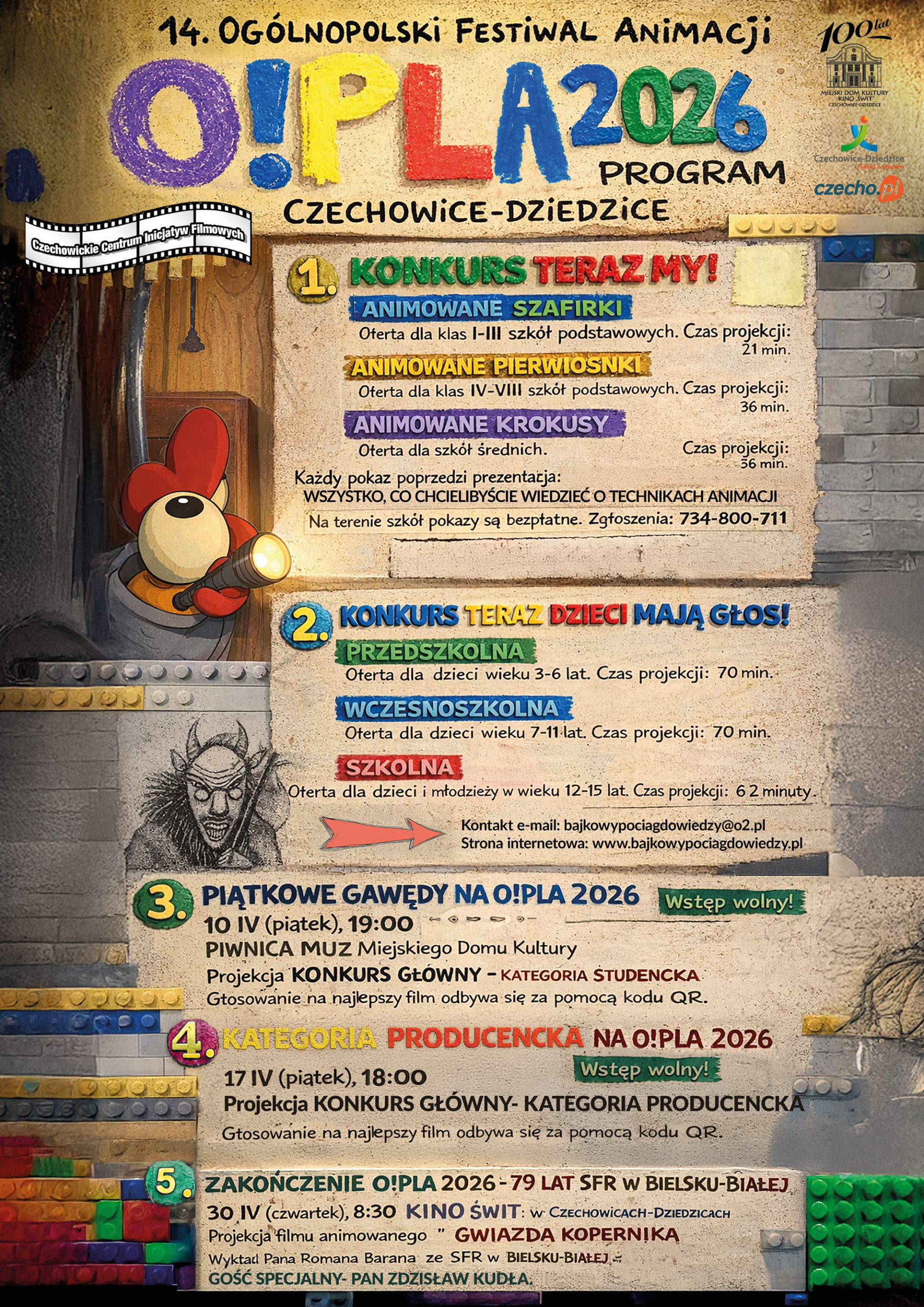 Plakat wydarzenia „Ogólnopolski Festiwal Animacji O!PLA”.