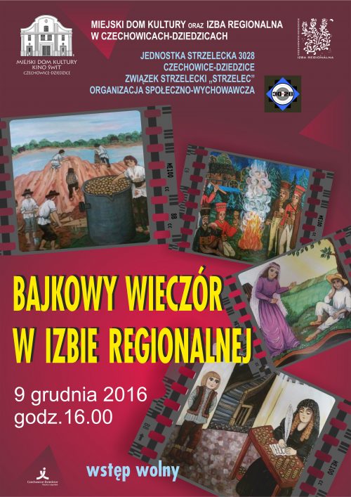 Plakat wydarzenia „Bajkowy wieczór w Izbie Regionalnej”.