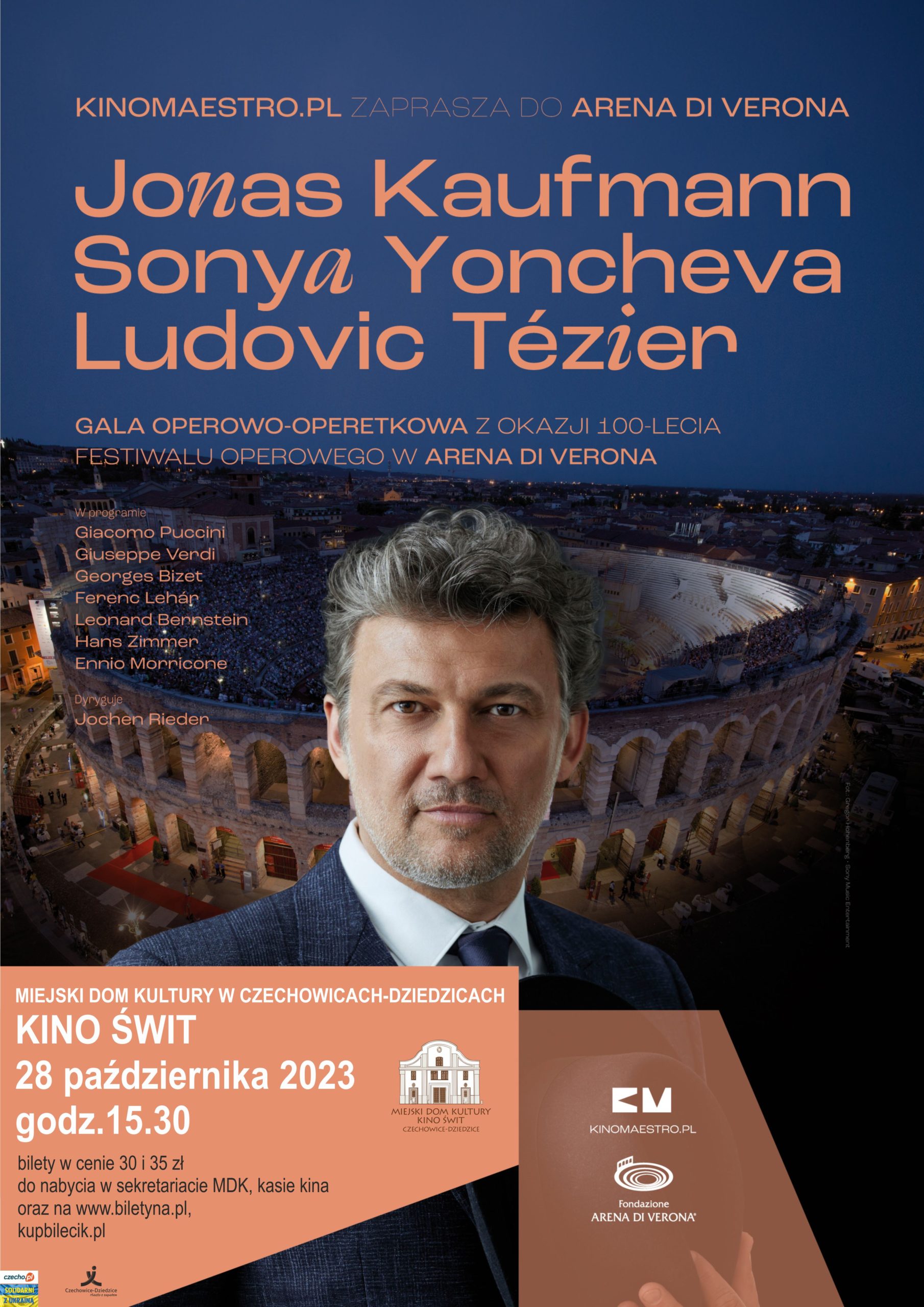 Plakat wydarzenia „GALA OPEROWO-OPERETKOWA Z OKAZJI 100-LECIA FESTIWALU OPEROWEGO W ARENA DI VERONA”.