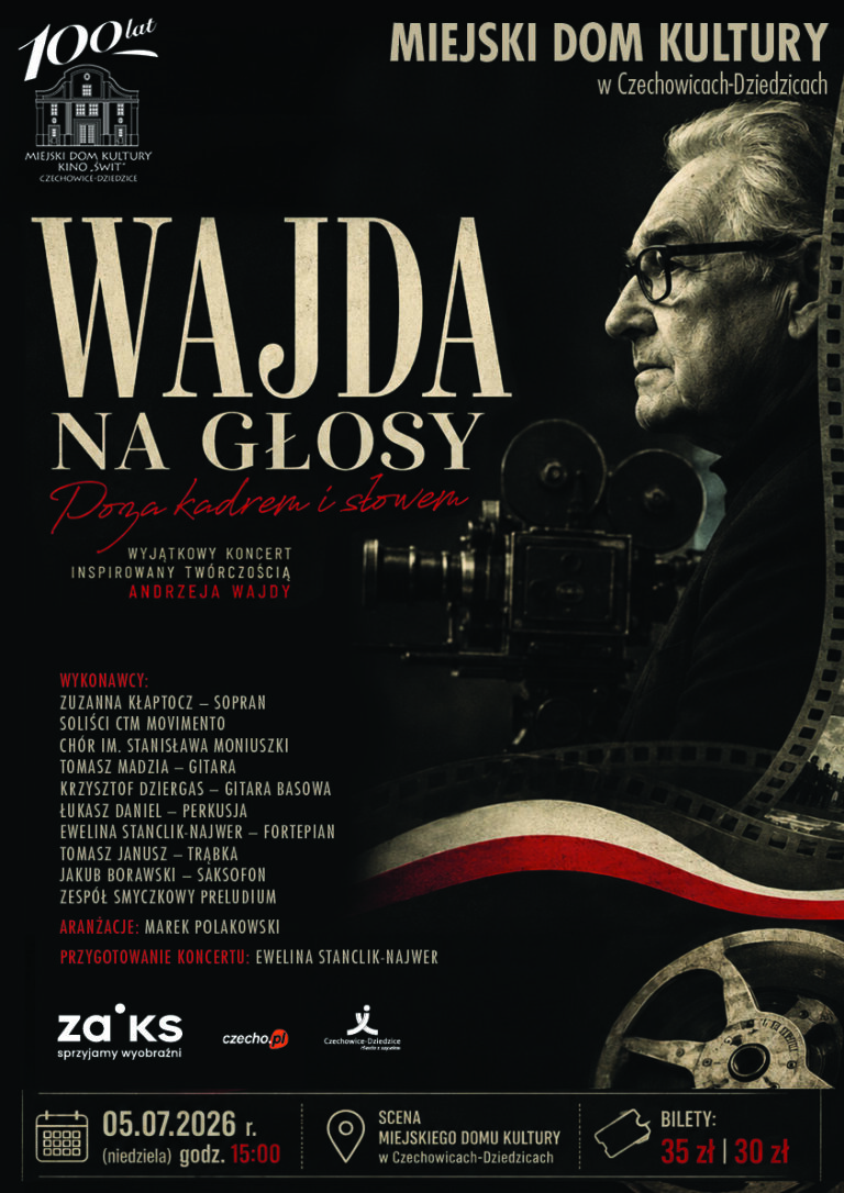 Plakat wydarzenia „KONCERT: Wajda na głosy – Poza kadrem i słowem”.