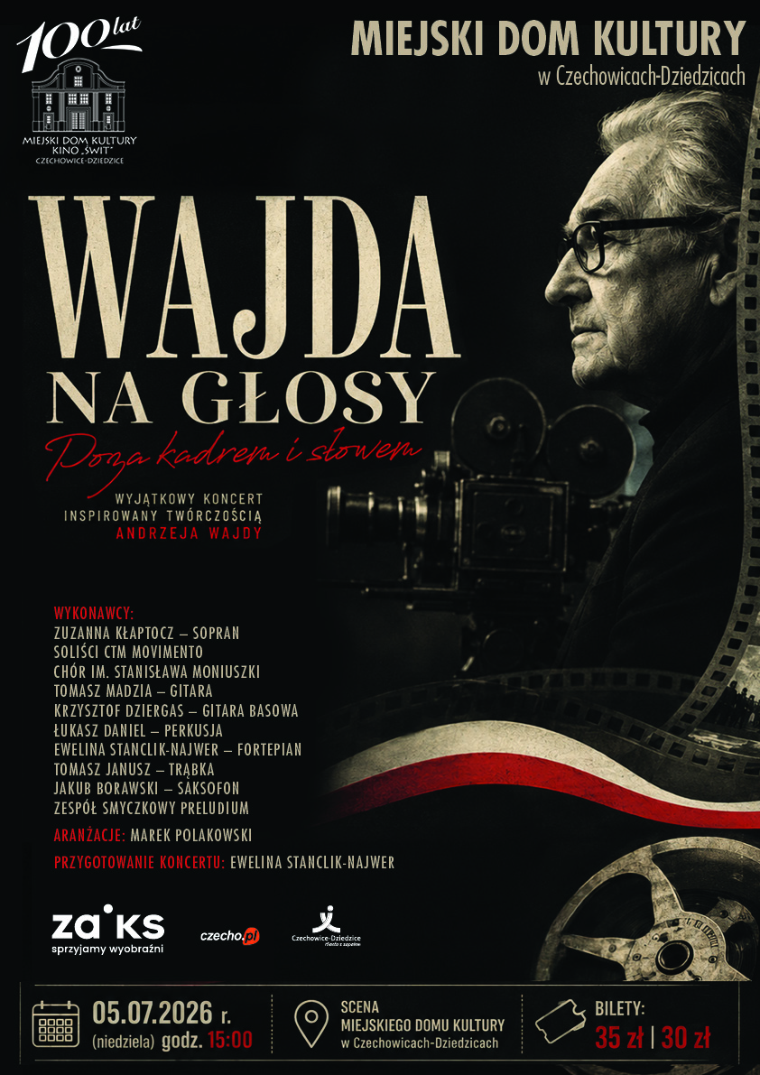 Plakat wydarzenia „KONCERT: Wajda na głosy – Poza kadrem i słowem”.