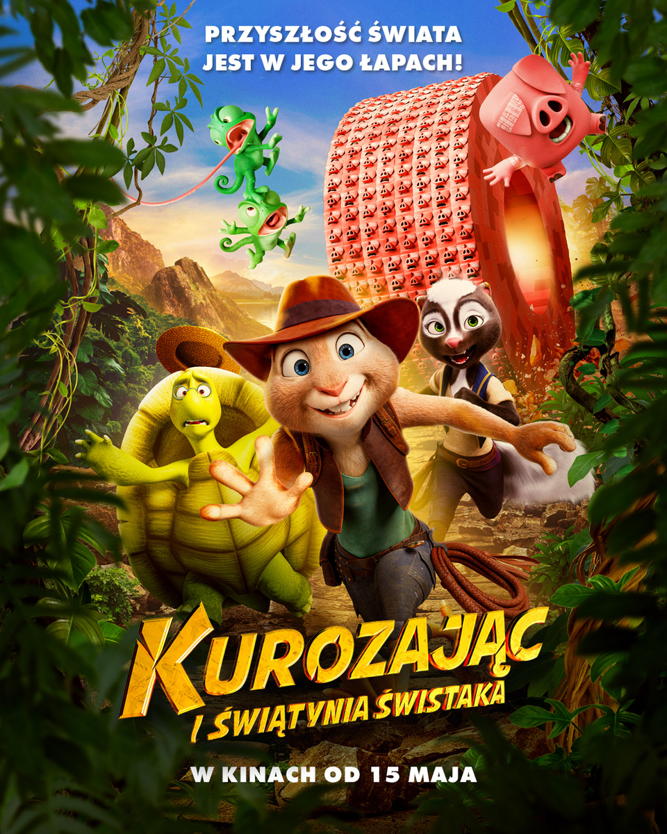 Plakat animacji „Kurozając i Świątynia Świstaka”: Kurozając w kapeluszu biegnie przez dżunglę z przyjaciółmi.