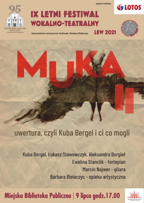 Plakat wydarzenia „MUKA: uwertura, czyli Kuba Bergel i ci, co mogli”.