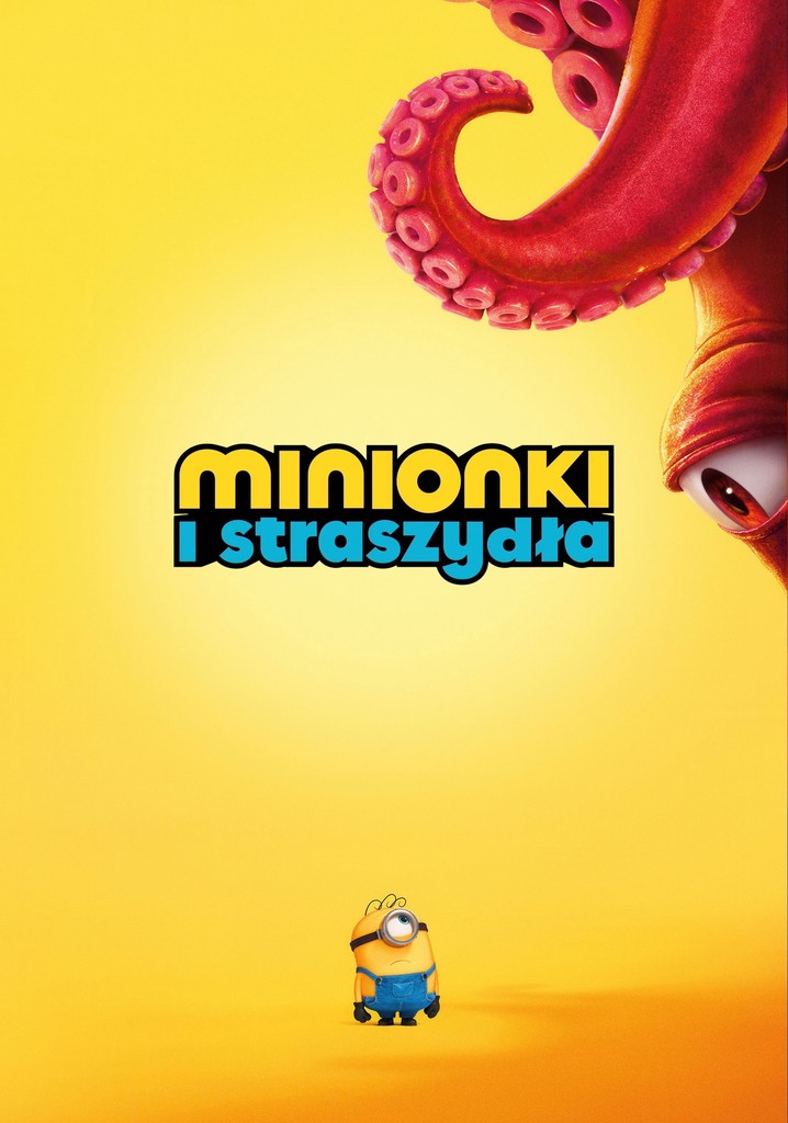 Plakat filmu „Minionki i straszydła”: samotny Minion stoi pod wielką czerwoną macką na żółtym tle.