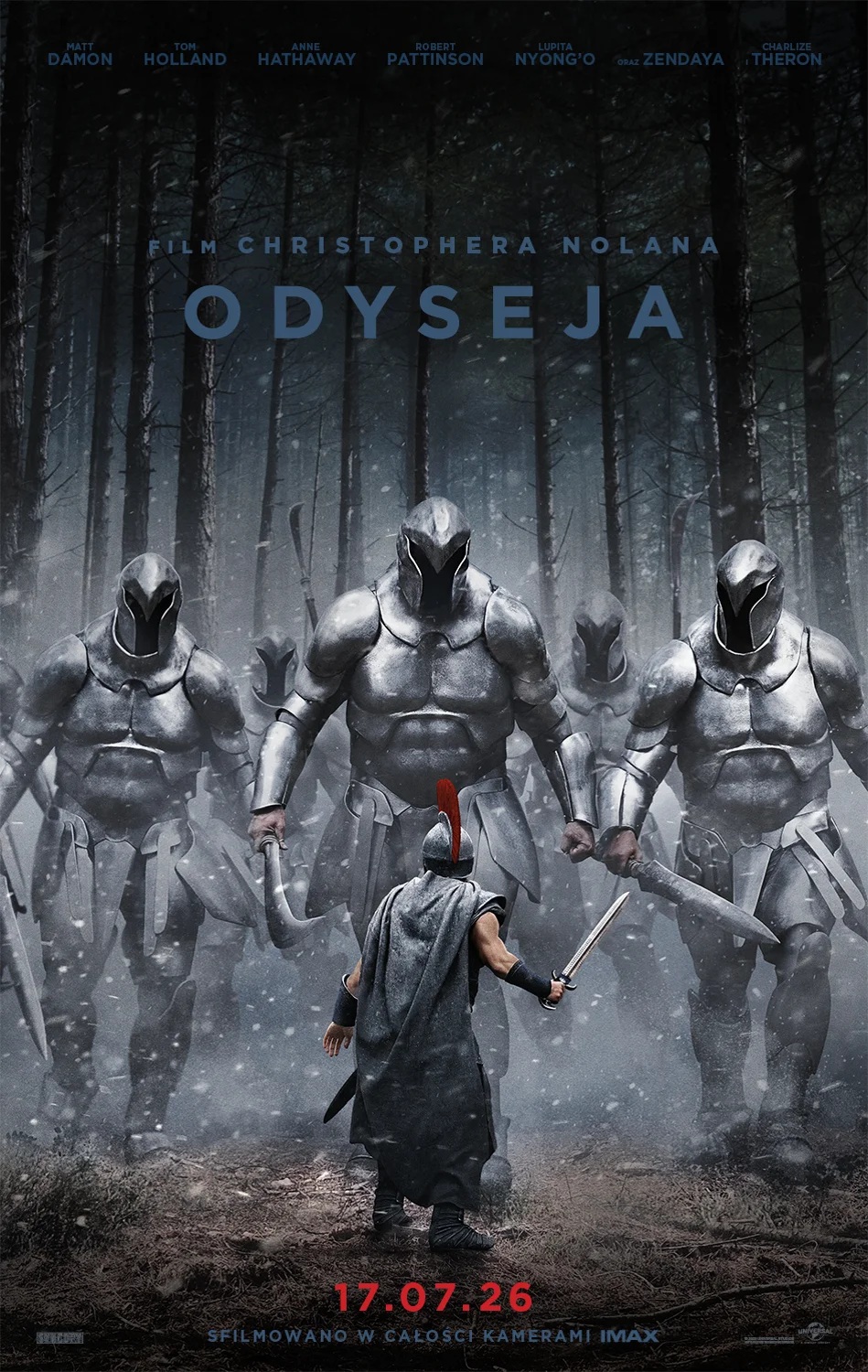 Plakat filmu „Odyseja”: wojownik z mieczem stoi przed grupą opancerzonych postaci w ciemnym lesie.
