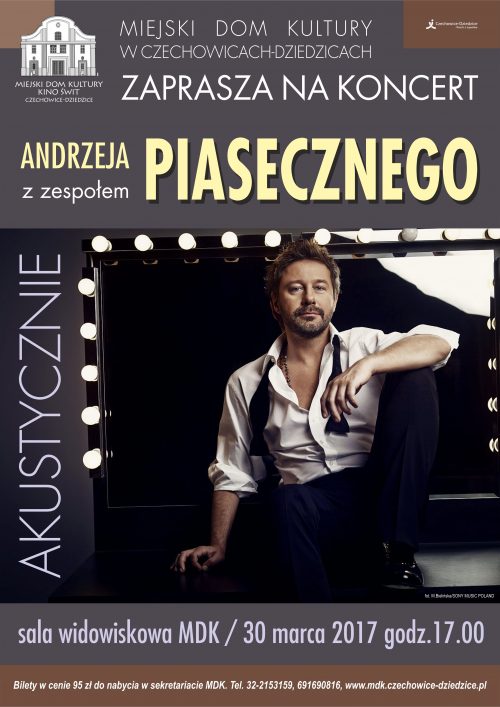 Plakat wydarzenia „Andrzej Piaseczny - Akustycznie”.