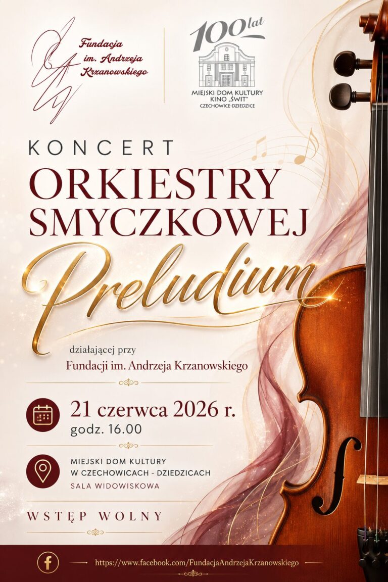 Plakat wydarzenia „Preludium – debiutancki koncert orkiestry smyczkowej”.