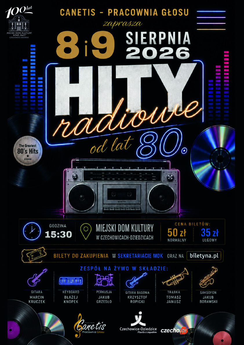 Plakat wydarzenia „Hity radiowe od lat 80-tych”.
