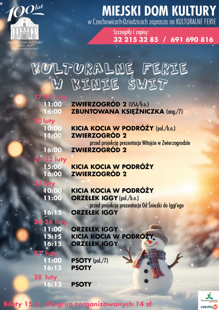 Plakat wydarzenia „KULTURALNE FERIE W KINIE ŚWIT”.