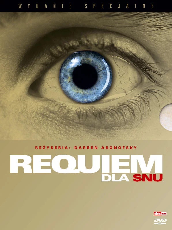 Plakat filmu „Requiem dla snu”: zbliżenie niebieskiego oka nad tytułem filmu.