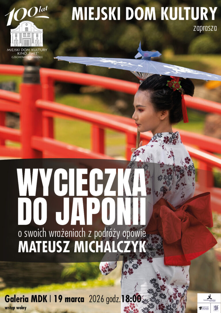 Plakat wydarzenia „Wycieczka do Japonii – spotkanie z Mateuszem Michalczykiem”.