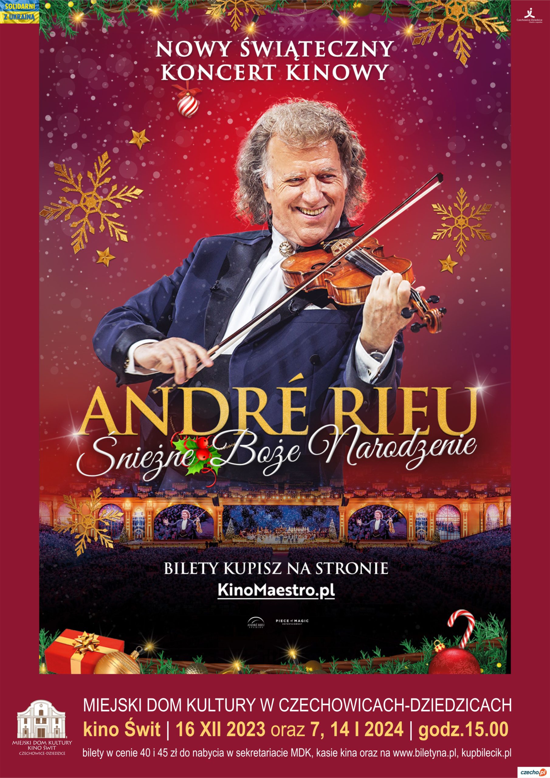 Plakat wydarzenia „Śnieżne Boże Narodzenie z André Rieu”.