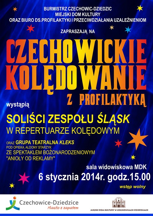 Plakat wydarzenia „Czechowickie Kolędowanie z Profilaktyką”.