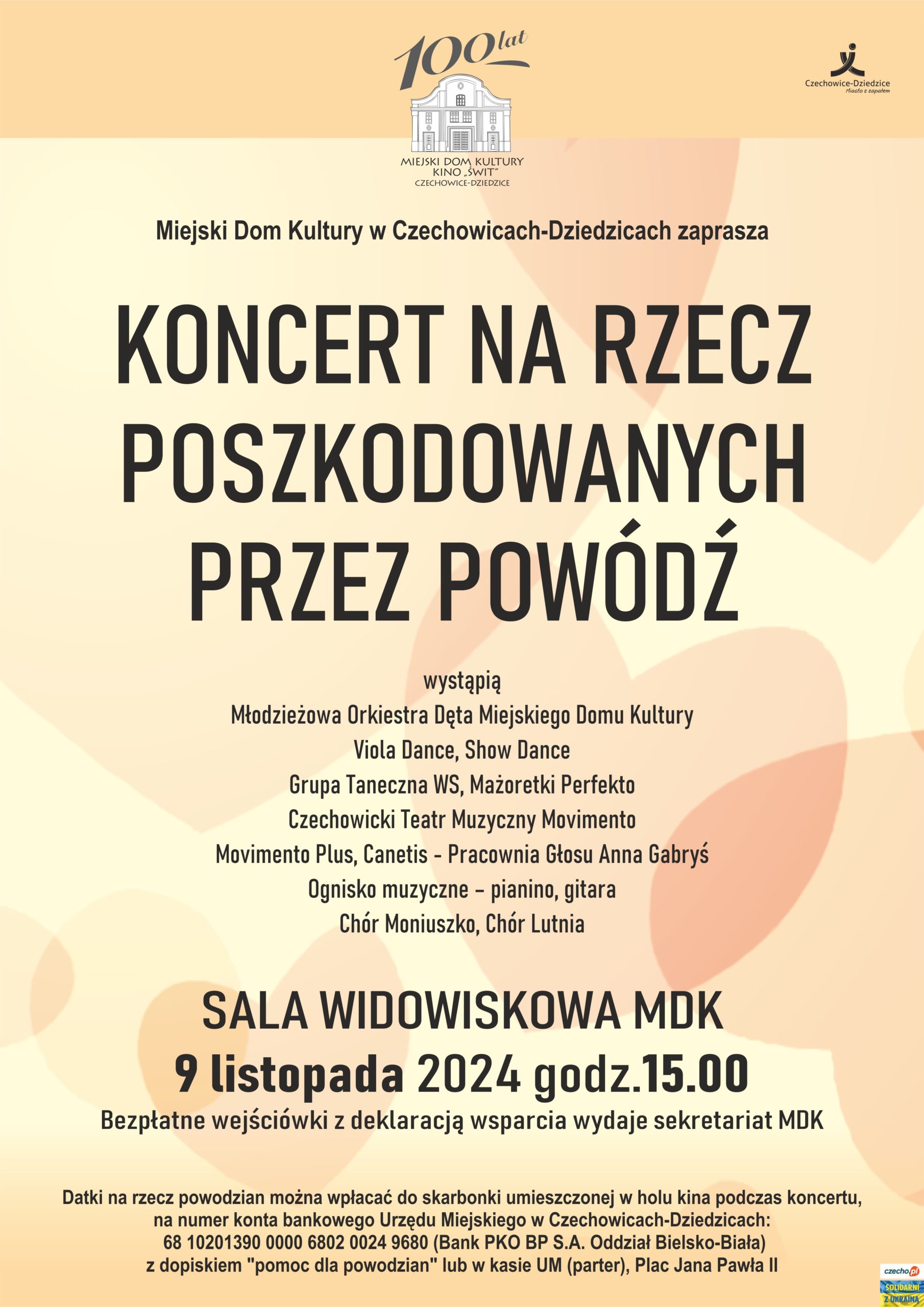 Plakat wydarzenia „Koncert na rzecz poszkodowanych przez powódź”.