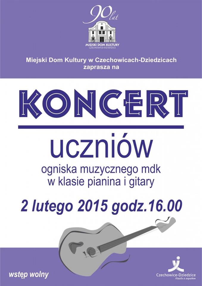 Plakat wydarzenia „Koncert uczniów ogniska muzycznego”.
