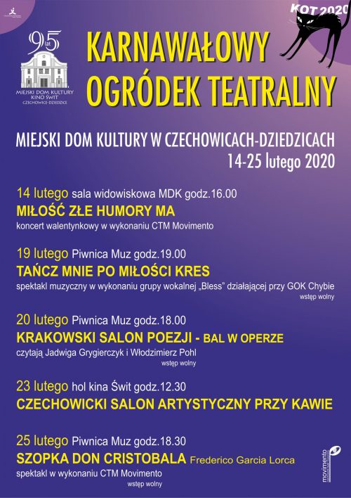 Plakat wydarzenia „Karnawałowy Ogródek Teatralny KOT 2020”.
