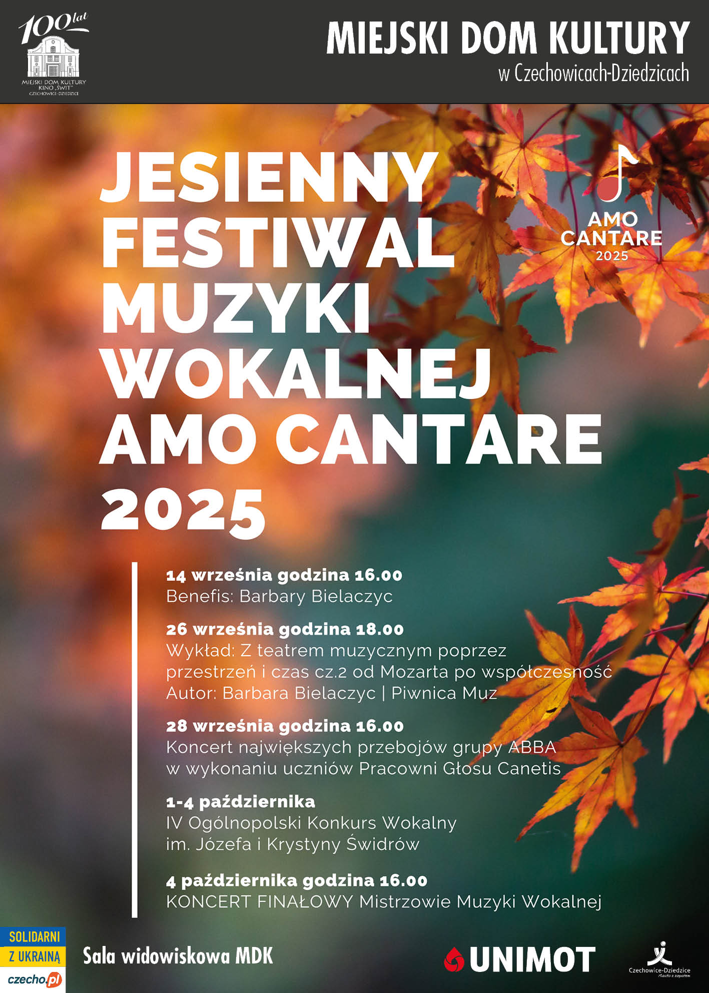 Plakat wydarzenia „Jesienny Festiwal Muzyki Wokalnej AMO CANTARE 2025”.