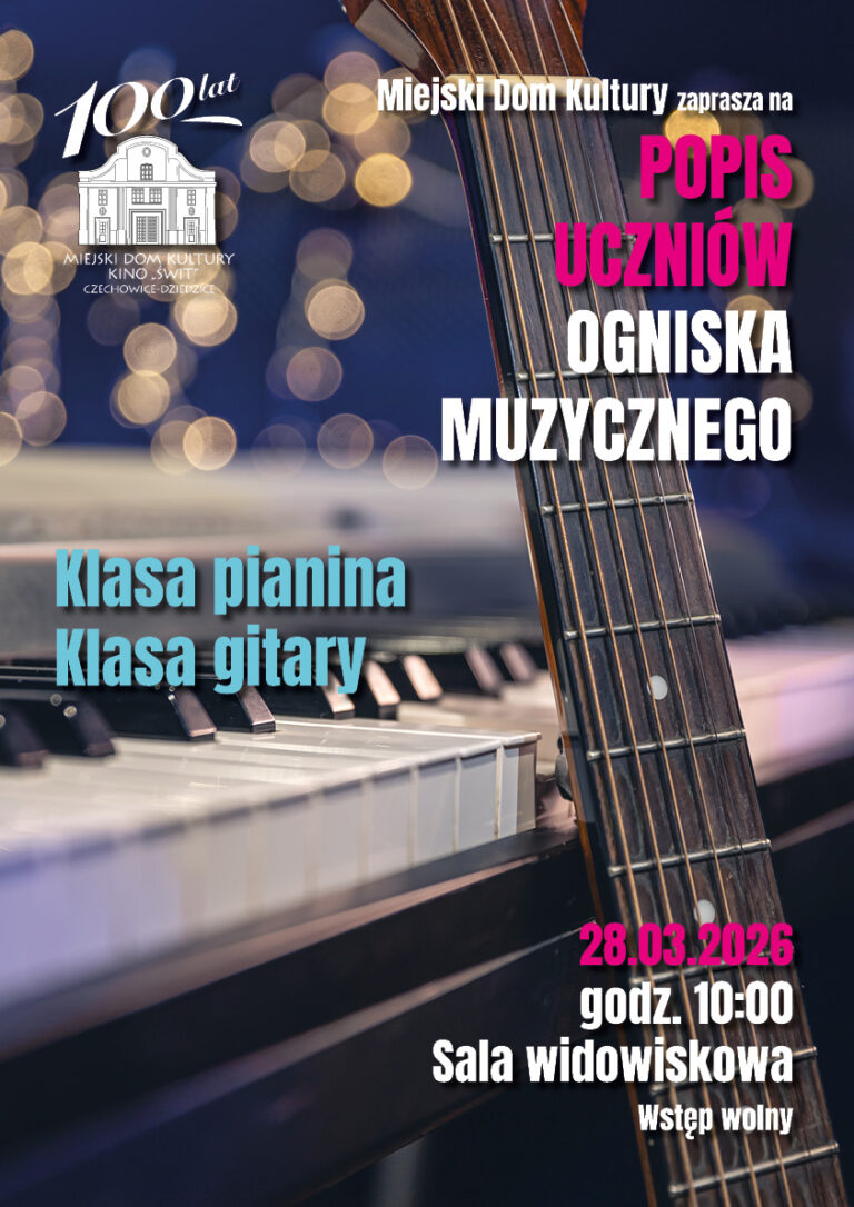 Plakat wydarzenia „POPIS UCZNIÓW OGNISKA MUZYCZNEGO”.