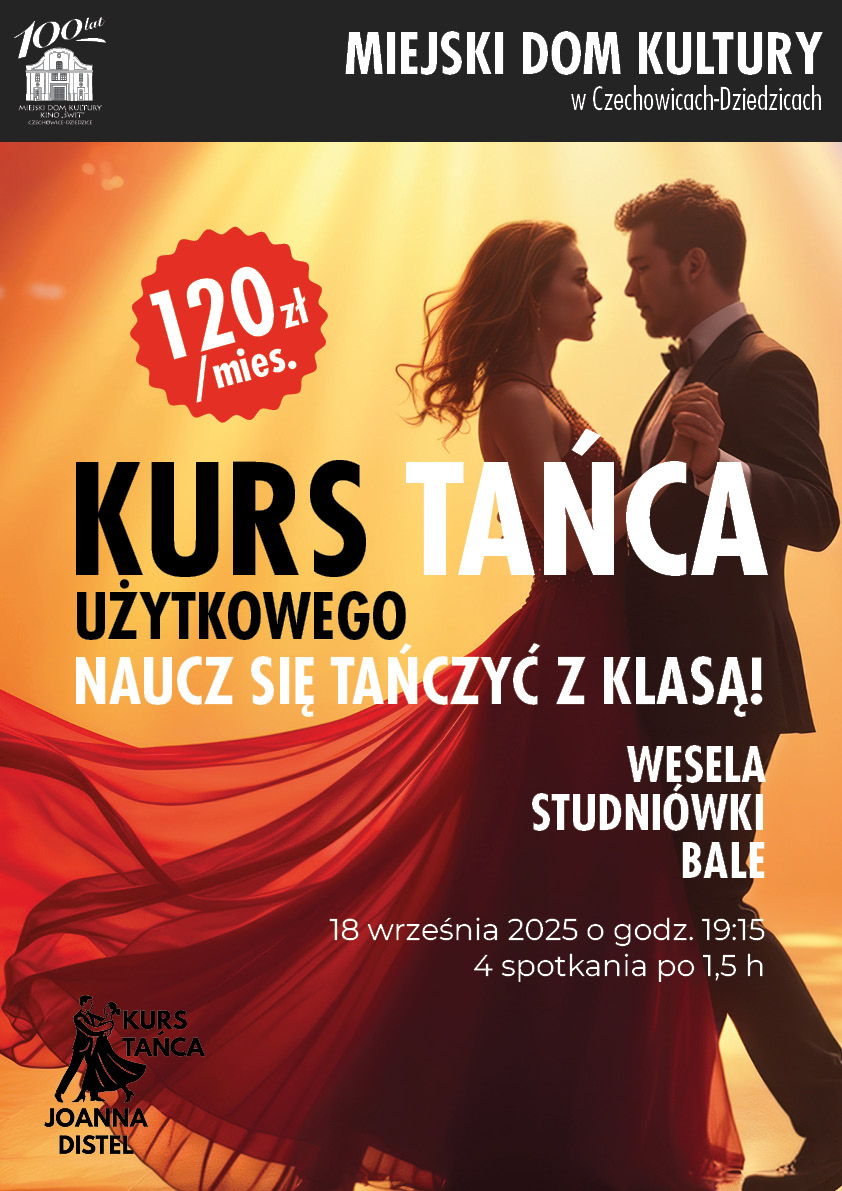 Plakat wydarzenia „Kurs tańca użytkowego”.