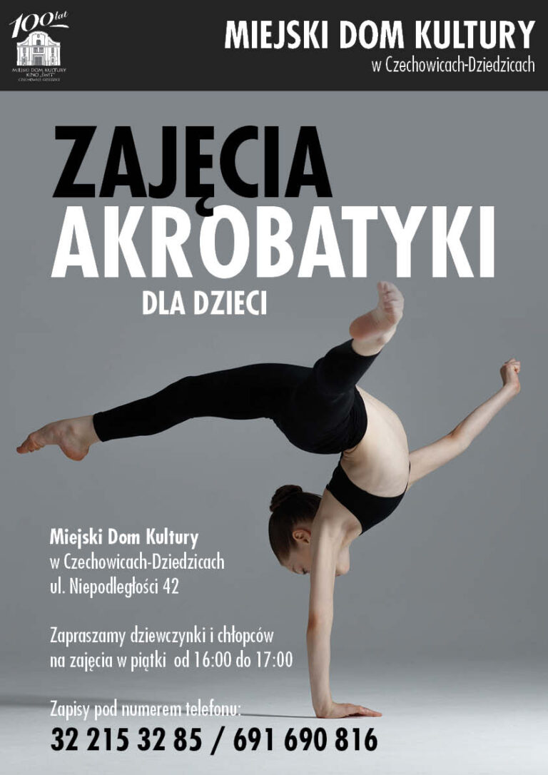 Plakat wydarzenia „Zajęcia akrobatyki dla dzieci”.