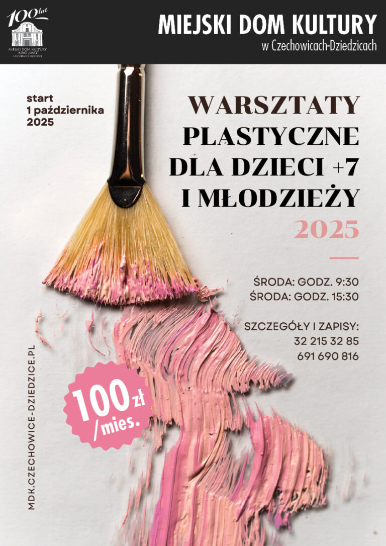 Plakat wydarzenia „Warsztaty plastyczne dla dzieci i młodzieży”.