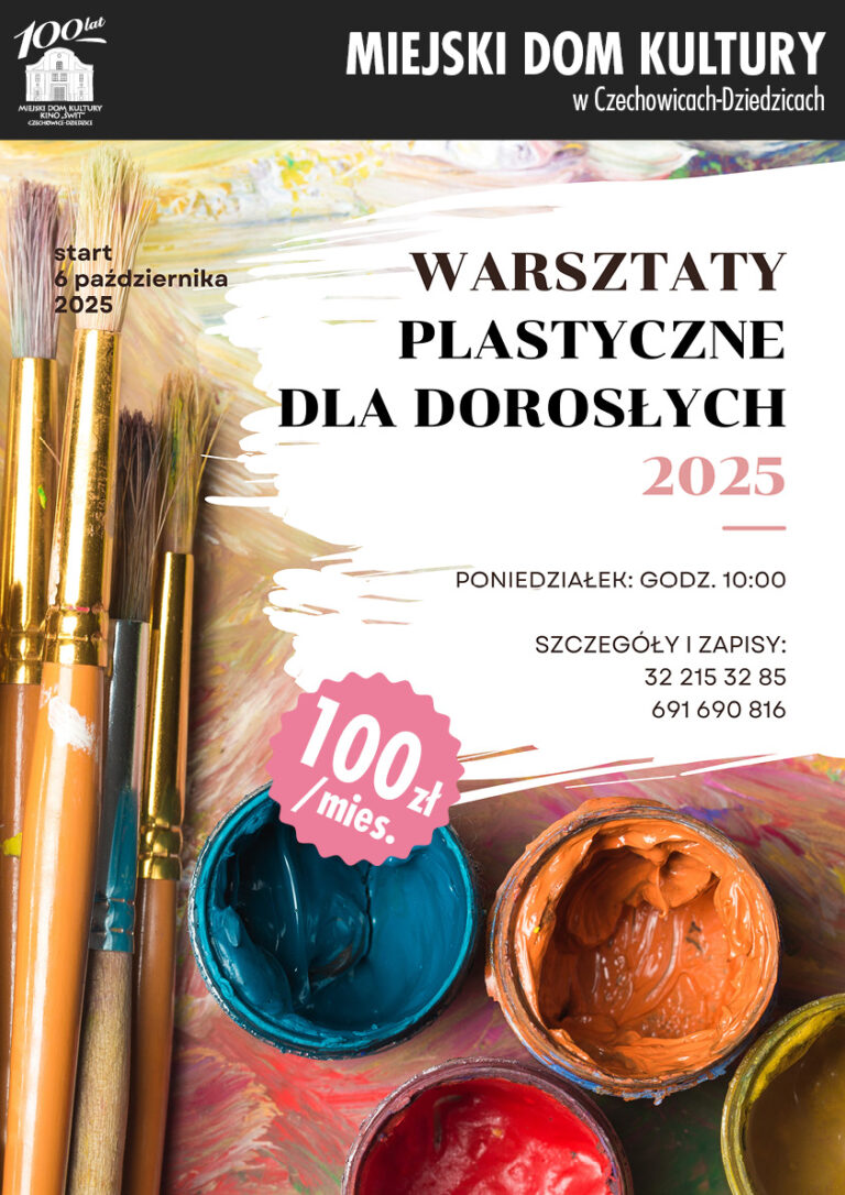 Plakat wydarzenia „Warsztaty plastyczne dla dorosłych”.