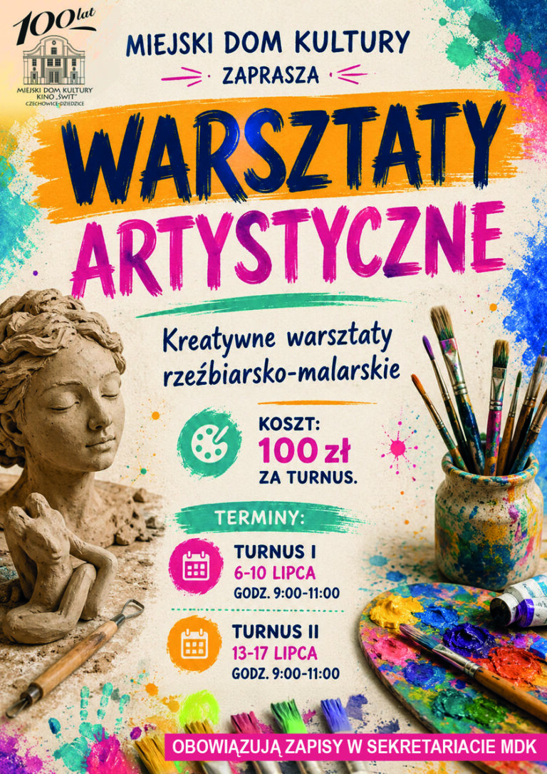 Plakat wydarzenia „Kreatywne warsztaty rzeźbiarsko-malarskie”.