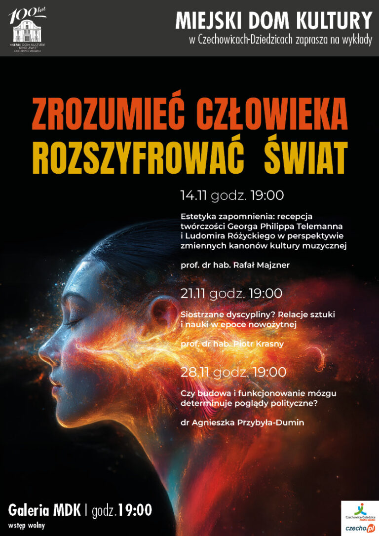 Plakat wydarzenia „Cykl wykładów pt. „Zrozumieć człowieka, rozszyfrować świat” – listopad 2025”.