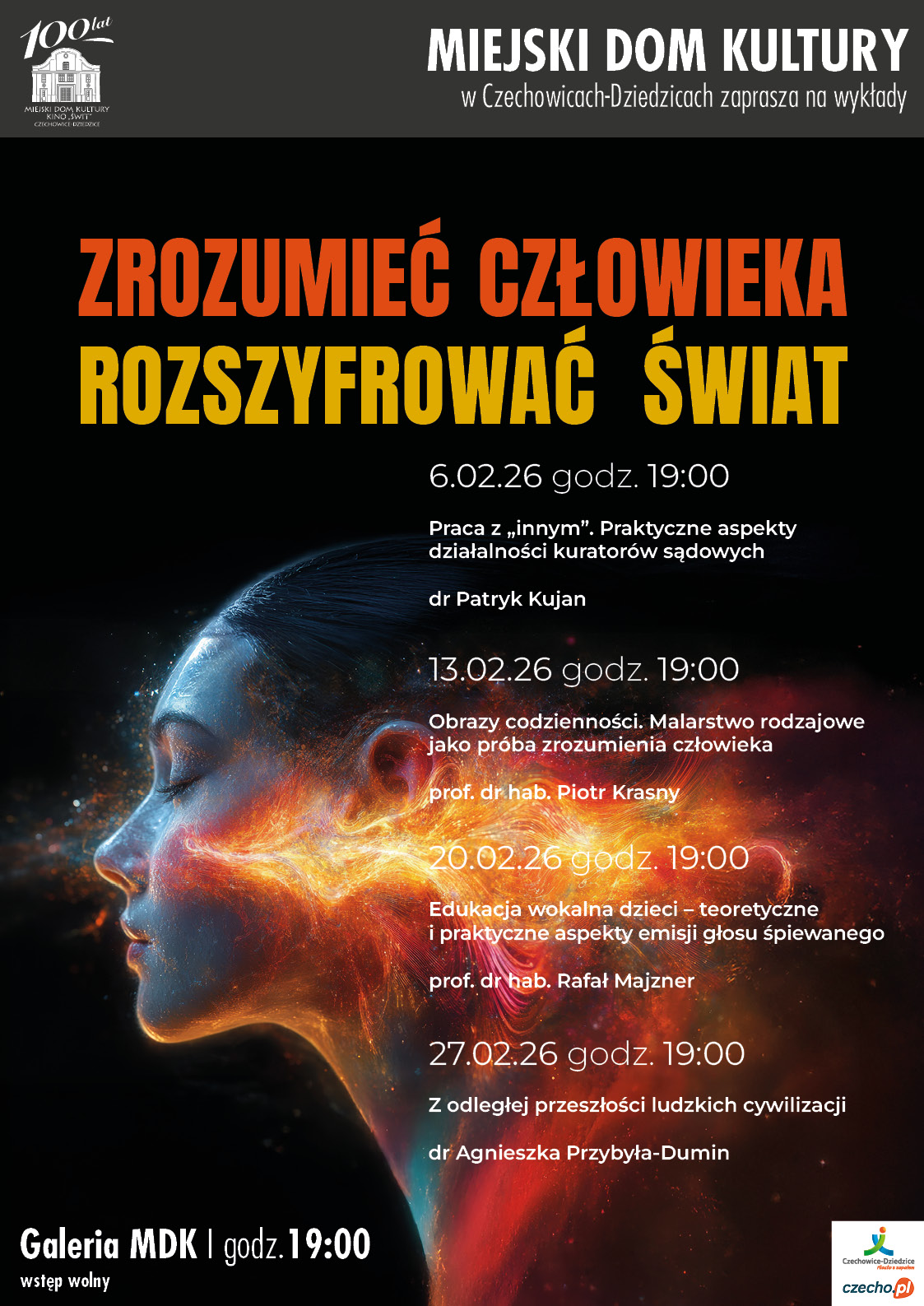 Plakat wydarzenia „Cykl wykładów pt. „Zrozumieć człowieka, rozszyfrować świat” – luty 2026”.