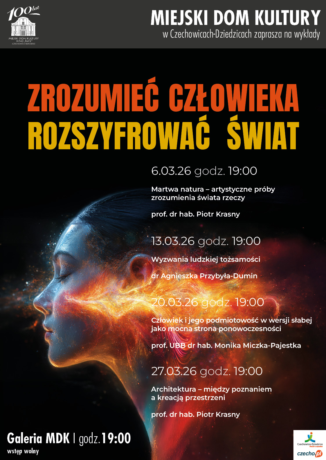 Plakat wydarzenia „Cykl wykładów pt. „Zrozumieć człowieka, rozszyfrować świat” – marzec 2026”.