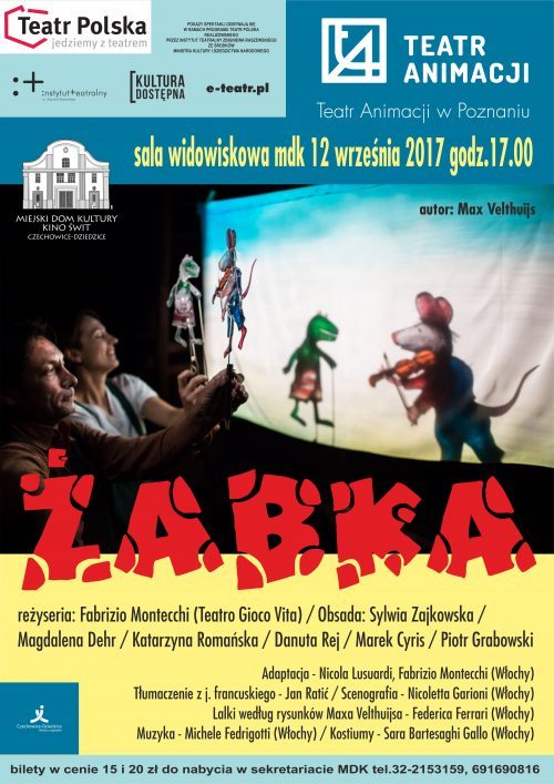 Plakat wydarzenia „Żabka - spektakl dla dzieci”.
