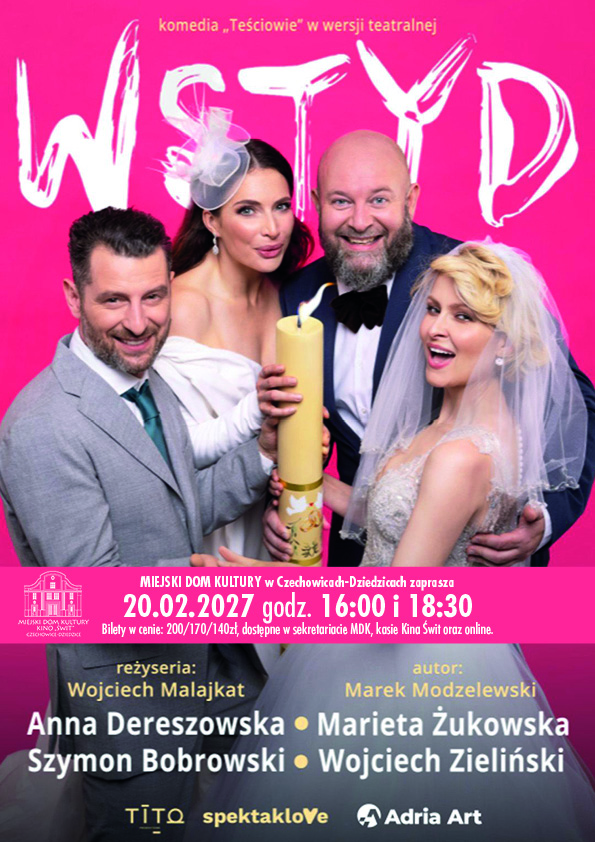 Plakat wydarzenia: Wstyd – komedia „Teściowie” w wersji teatralnej.