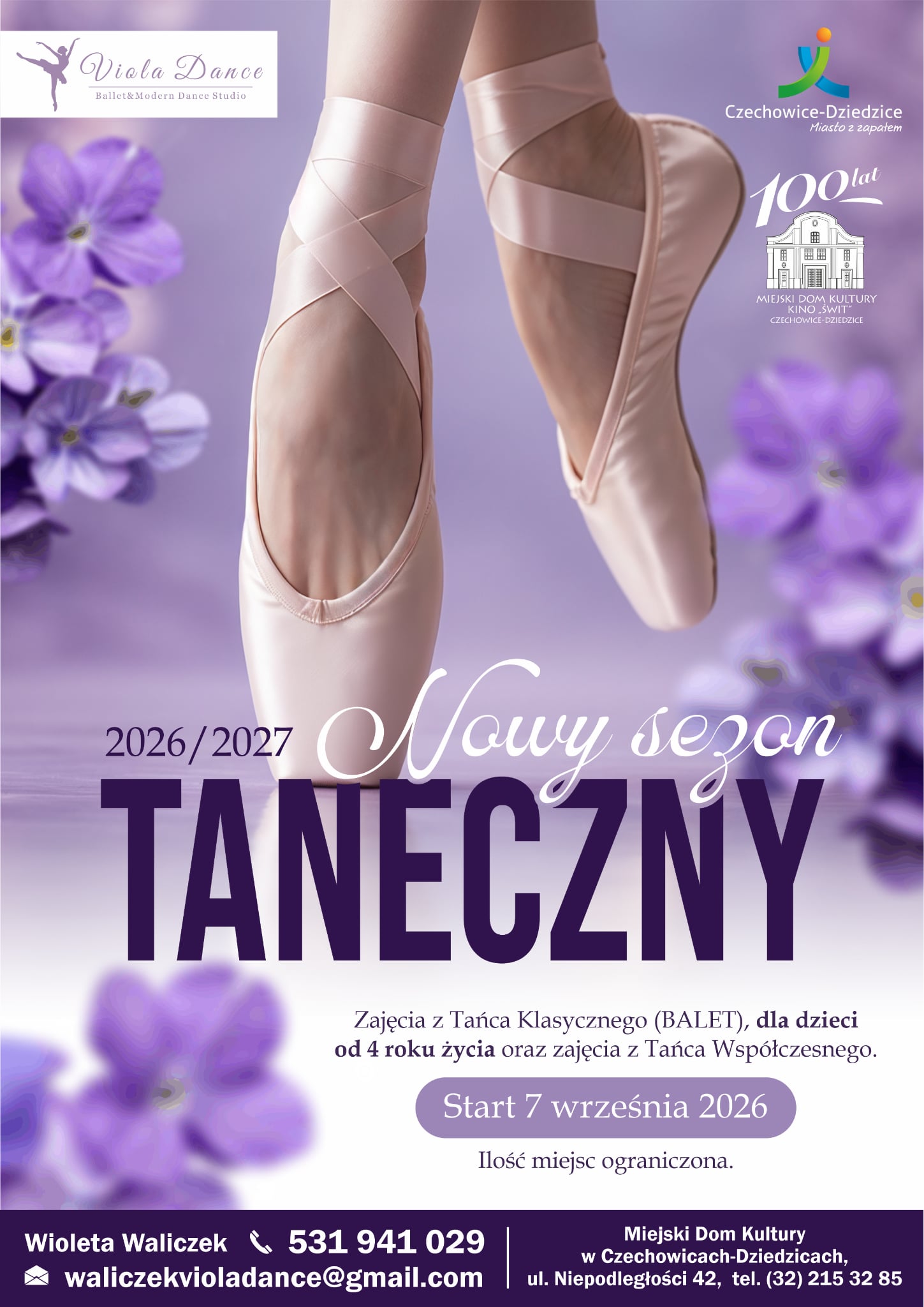Plakat zajęć z tańca klasycznego i współczesnego w sezonie 2026/2027.