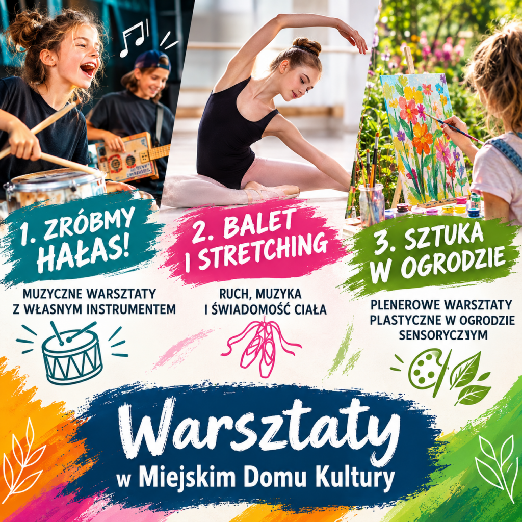 obrazek przedstawiający: 1. ZRÓBMY HAŁAS! – MUZYCZNE WARSZTATY Z WŁASNYM INSTRUMENTEM, 2. BALET I STRETCHING – RUCH, MUZYKA I ŚWIADOMOŚĆ CIAŁA, 3. SZTUKA W OGRODZIE – PLENEROWE WARSZTATY PLASTYCZNE W OGRODZIE SENSORYCZNYM